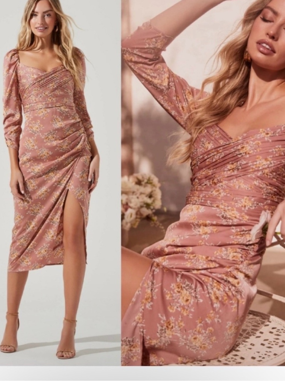 ASTR medium Floral Pink Tan Gold Evana Satin Draped Midi Dress ASTR m NWT fall